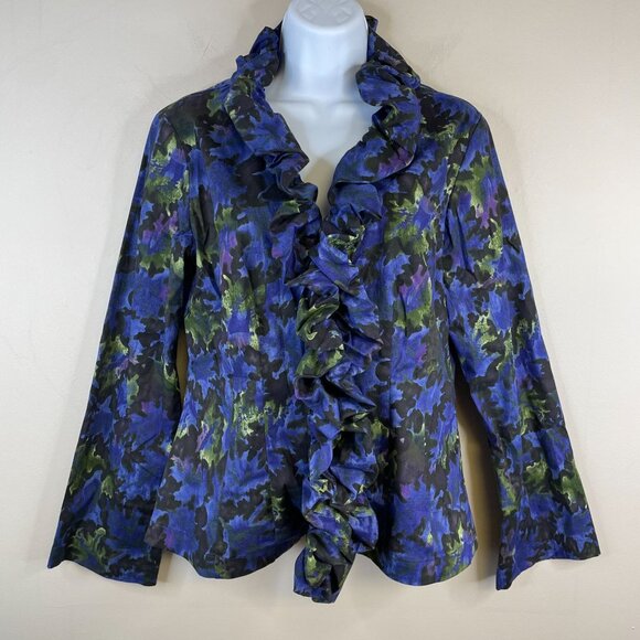 FINLEY Womens ABSTRACT Top Size M Blue Full Zip FEMININE Ruffle Front Blouse - Picture 1 of 11